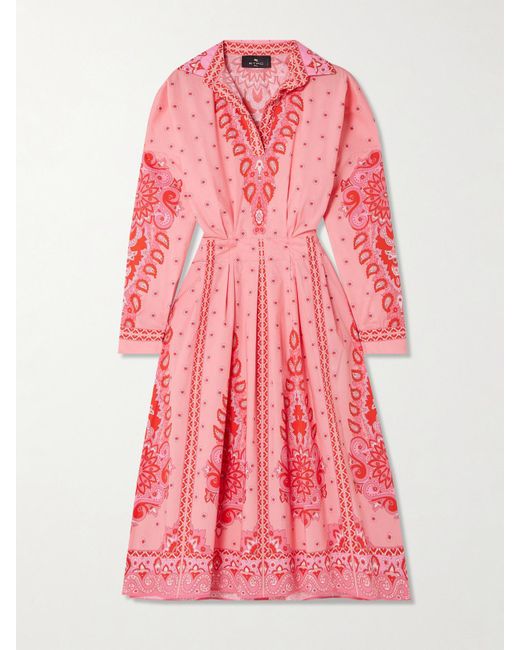Robe-Chemise Midi En Popeline De Coton Mélangé Imprimée À Plis Etro en coloris Pink
