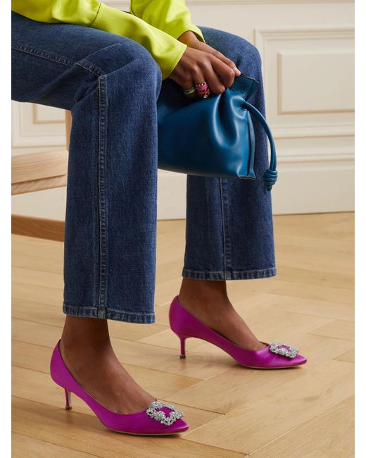 Manolo Blahnik Pink Hangisi 50 Crystal-Embellished Satin Pumps