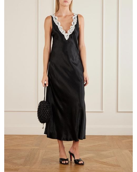 Maria McManus Black Lace-Trimmed Satin Maxi Dress