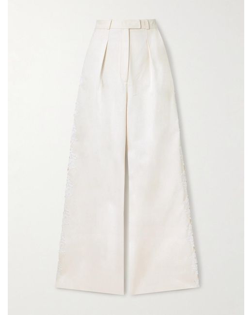 Safiyaa White Fredan Guipure Lace-Trimmed Cotton-Twill Wide-Leg Pants
