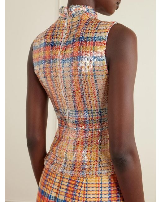 Brandon Maxwell Orange Piper Checked Sequined Mesh Turtleneck Top