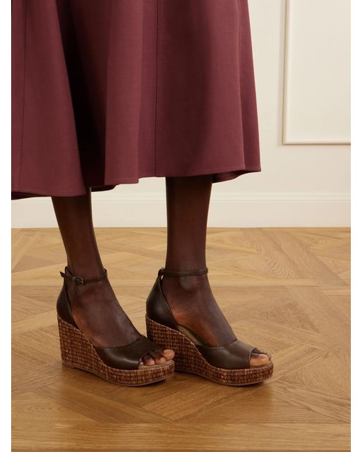 Brunello Cucinelli Brown Embellished Leather Platform Wedge Espadrille Sandals