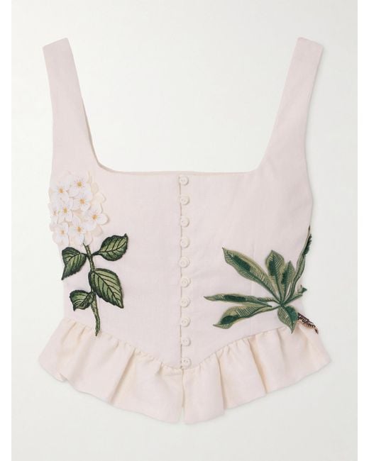 Agua Bendita Natural Eslabon Appliquéd Embroidered Ruffled Linen Bustier Top