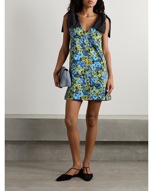Kika Vargas Blue Frances Bow-Embellished Floral-Print Twill Mini Dress