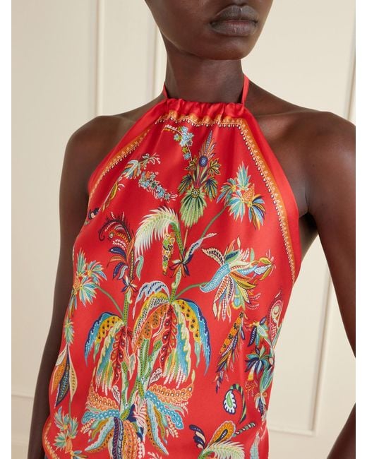 Etro Red Printed Silk-Satin Halterneck Top