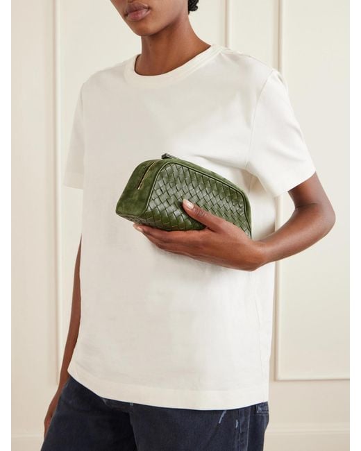 Bottega Veneta Green Nodo Small Suede-Trimmed Intrecciato Leather Pouch