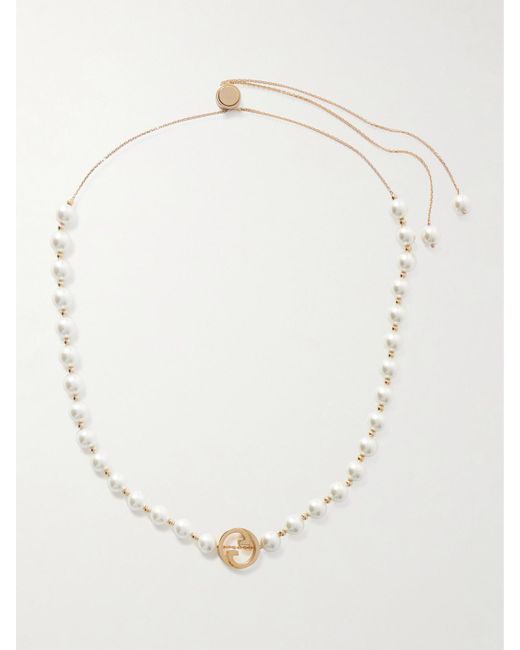 Gucci Natural Interlocking G Goldfarbene Kette Mit Kunstperlen
