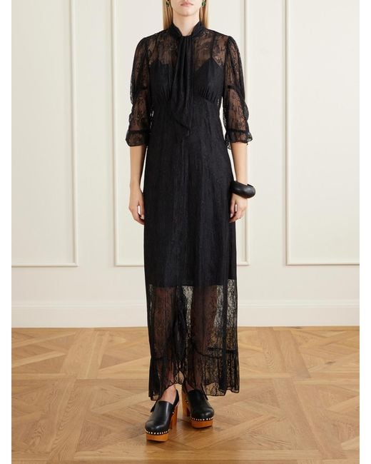 Anna Sui Black Tie-Detailed Ruffled Lace Midi Dress