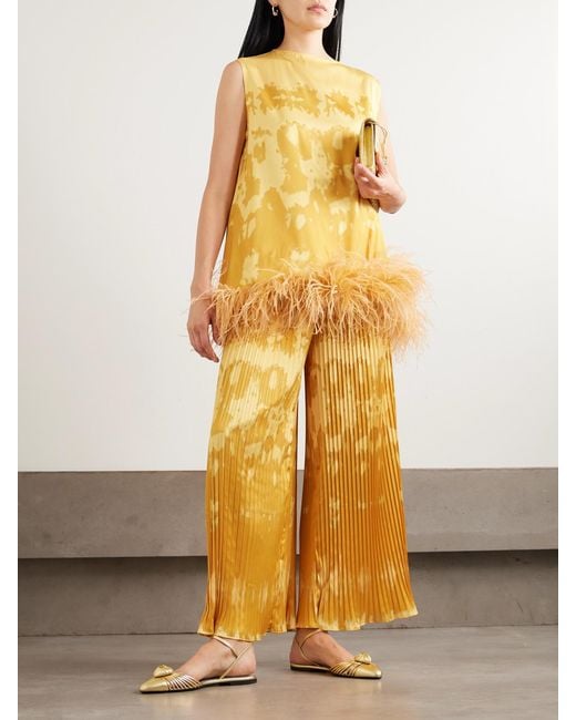 ‎Dima Ayad Yellow Tie-Dyed Plissé-Satin Wide-Leg Pants