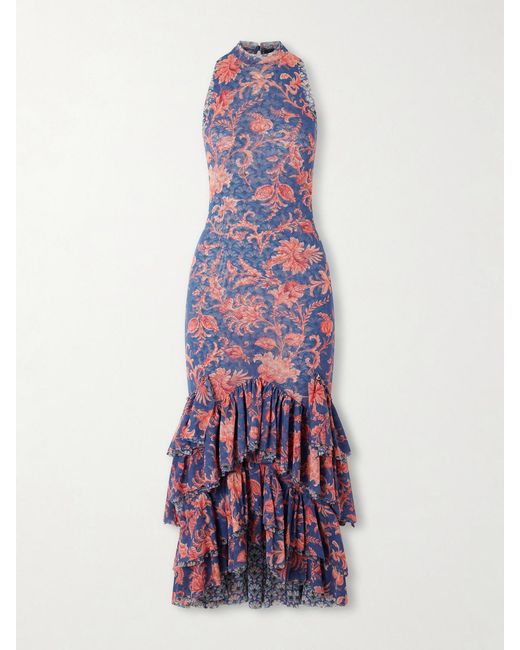 Etro White Ruffled Paisley-Print Tulle Midi Dress