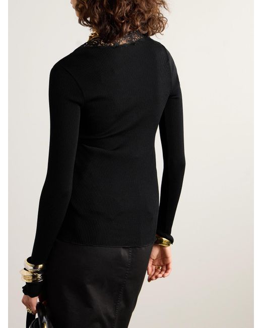Saint Laurent Black Scalloped Lace-Trimmed Ribbed Wool And Silk-Blend Cardigan