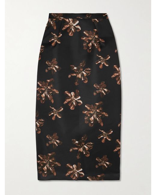 Emilia Wickstead Black Lorelei Midirock Aus Satin Mit Blumenprint