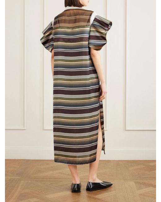 Sacai Gray Striped Organza And Satin Midi Dress