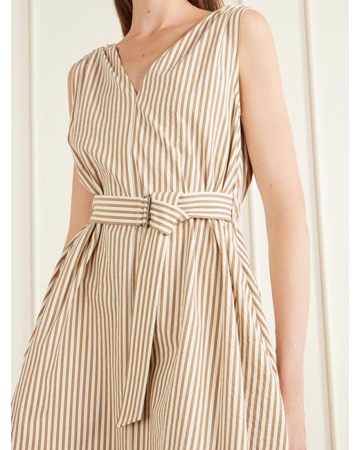 Brunello Cucinelli Natural Belted Seersucker Cotton-Blend Mini Dress
