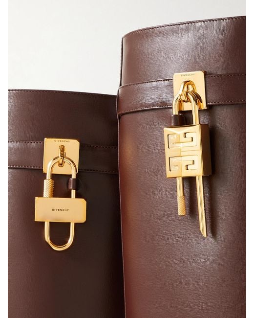 Givenchy Brown Shark Lock Embellished Glossed-Leather Knee Boots