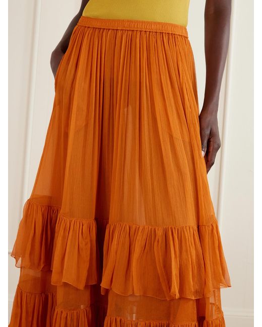 Saint Laurent Orange Ruffled Silk-Muslin Maxi Skirt