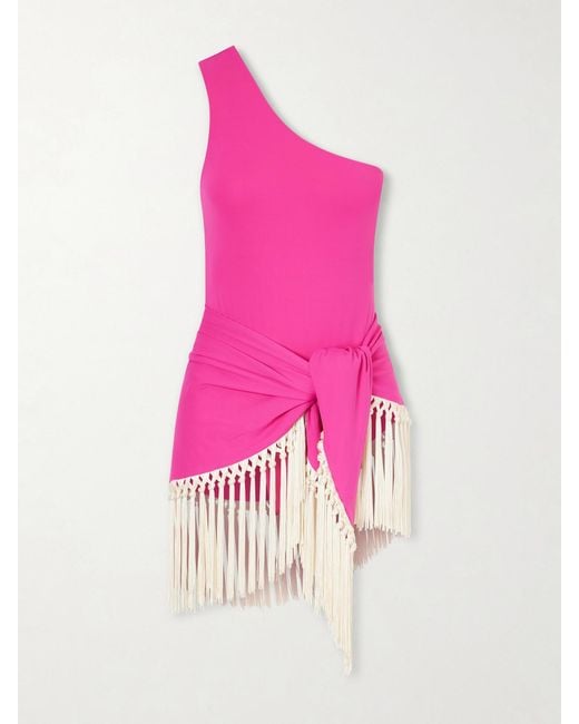 Taller Marmo Pink Yacare Fringed One-Shoulder Swimsuit