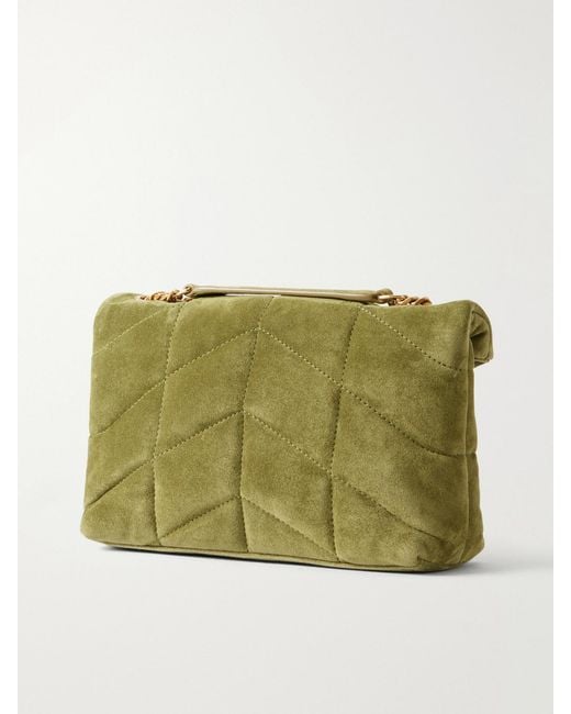 Saint Laurent Green Toy Puffer Matelassé Leather-Trimmed Suede Shoulder Bag