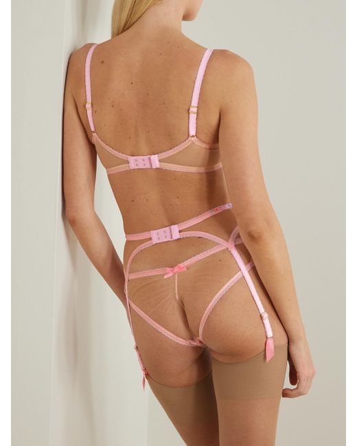 Agent Provocateur Pink Rixie Bow-Detailed Lace-Trimmed Embroidered Tulle Underwired Bra