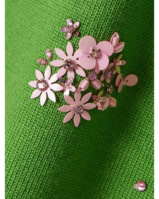 Oscar de la Renta Green Floral Crystal And Sequin-Embellished Wool Sweater