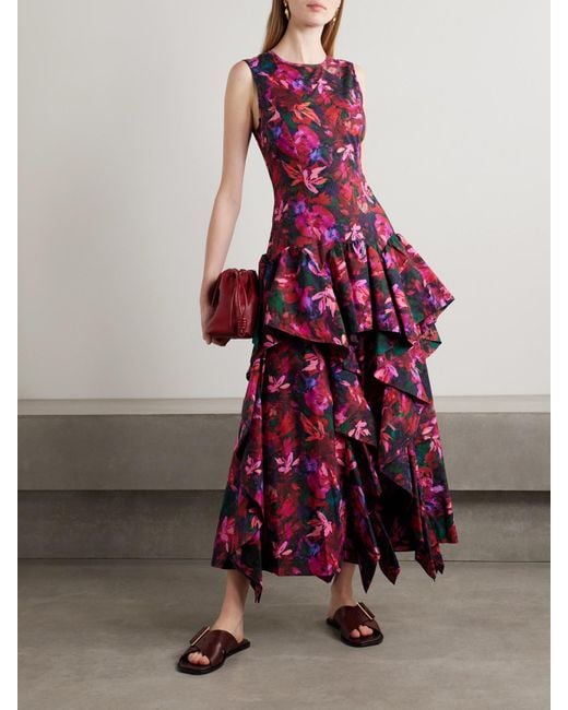 Robe Longue En Popeline De Coton À Imprimé Fleuri Et À Volants Mural Ulla Johnson en coloris Red