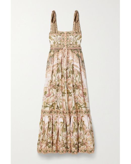 Zimmermann Lyre Belted Tiered Beadembellished Printed Linen Maxi Dress Lyst UK