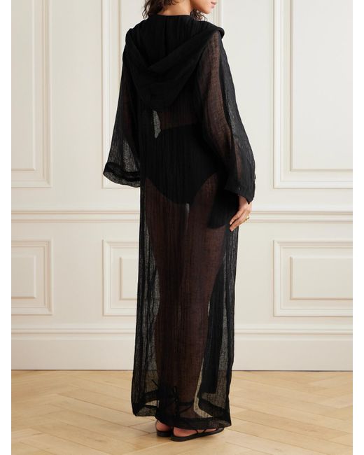 Lisa Marie Fernandez Black Hooded Crinkled Linen-Blend Gauze Kaftan