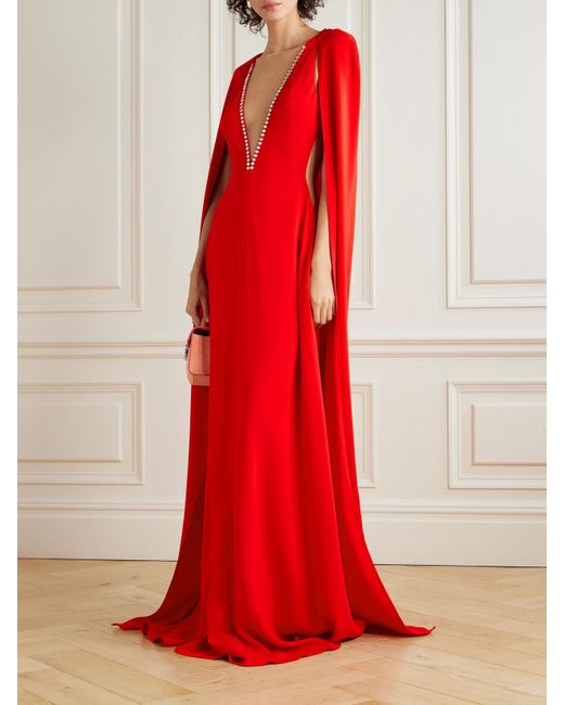 Stella McCartney Red Cape-Effect Tulle-Trimmed Crystal-Embellished Crepe Gown