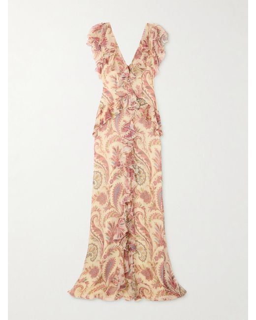 Etro Natural Ruffled Printed Silk-Crepon Maxi Dress