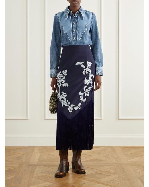 ALÉMAIS Blue Dillon Crystal And Bead-Embellished Fringed Appliquéd Satin Midi Skirt