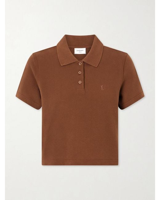 Saint Laurent Brown Cassandre-Embroidered Cropped Cotton-Piqué Polo Shirt