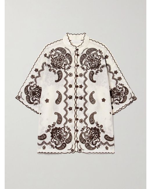 Zimmermann Multicolor Ascension Leather-Trimmed Broderie Anglaise Linen Shirt