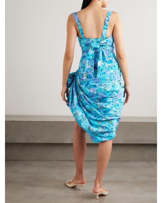 Chloé Blue Asymmetric Bow-Detailed Draped Gathered Floral-Print Cotton Mini Dress