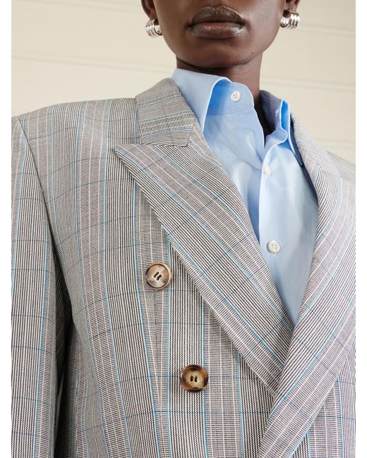 Victoria Beckham Gray Double-Breasted Checked Wool Blazer