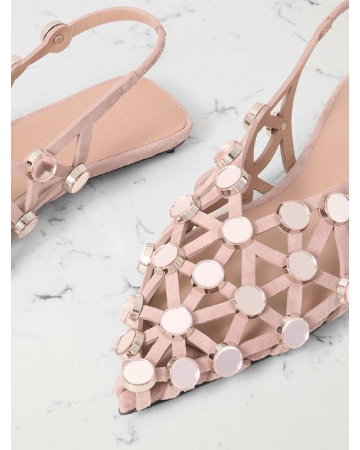 The Attico Natural Grid Studded Suede Slingback Point-Toe Flats