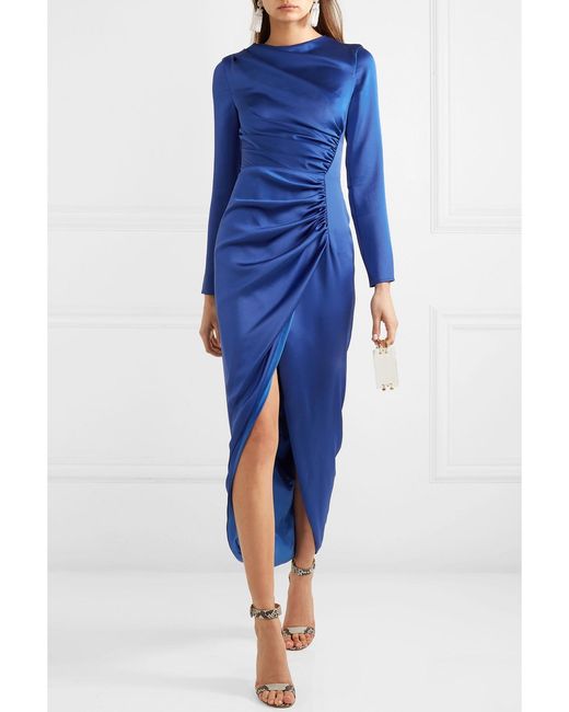 Rasario Blue Gathered Satin Midi Dress