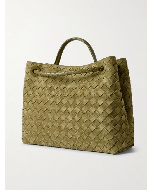 Bottega Veneta Green Andiamo Medium Leather-Trimmed Intrecciato Suede Tote