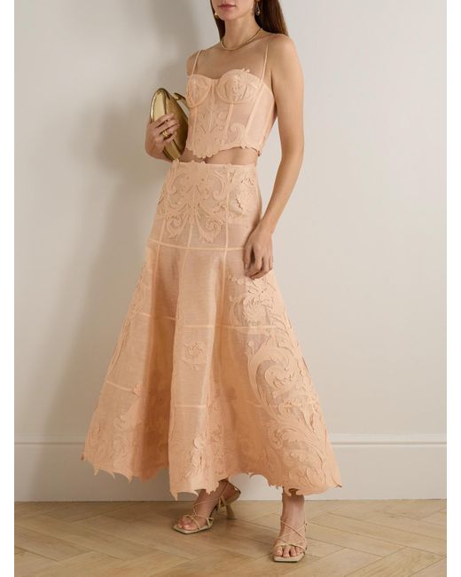 Zimmermann Natural Rebellion Appliquéd Linen And Silk-Blend Midi Skirt