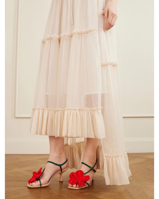 Loeffler Randall Red Frank Appliquéd Leather-Trimmed Grosgrain Slingback Sandals