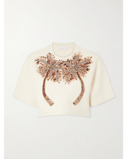 Rabanne Natural Cropped Crystal-Embellished Embroidered Jersey T-Shirt