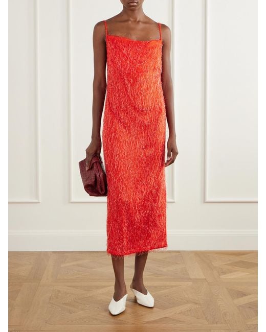 Bottega Veneta Red Draped Fil Coupé Jacquard Midi Dress