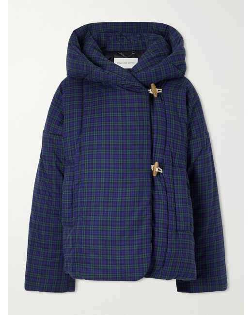 Dries Van Noten Blue Hooded Checked Padded Cotton-Flannel Jacket