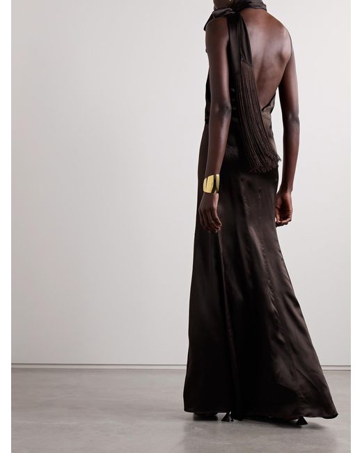 The Attico White Fringed Draped Silk-Satin Maxi Dress