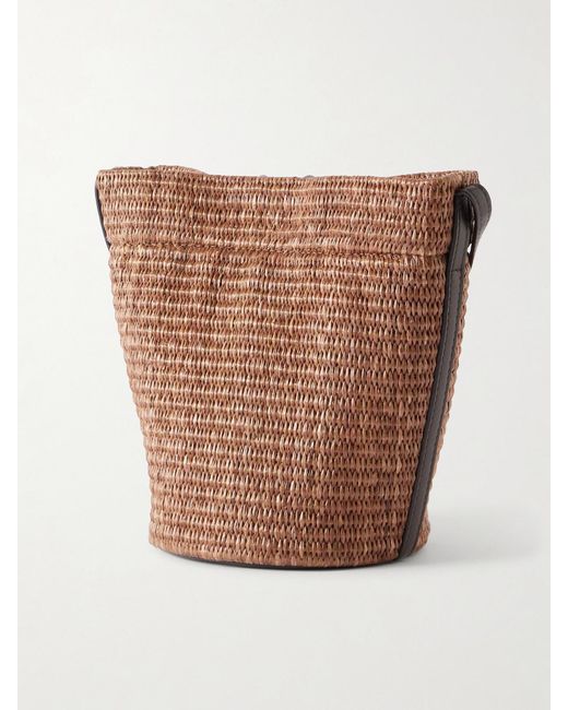 Brunello Cucinelli Brown Leather-Trimmed Raffia Bucket Bag