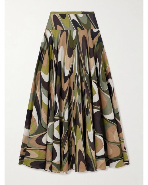 Emilio Pucci Green Pleated Printed Cotton-Muslin Maxi Skirt