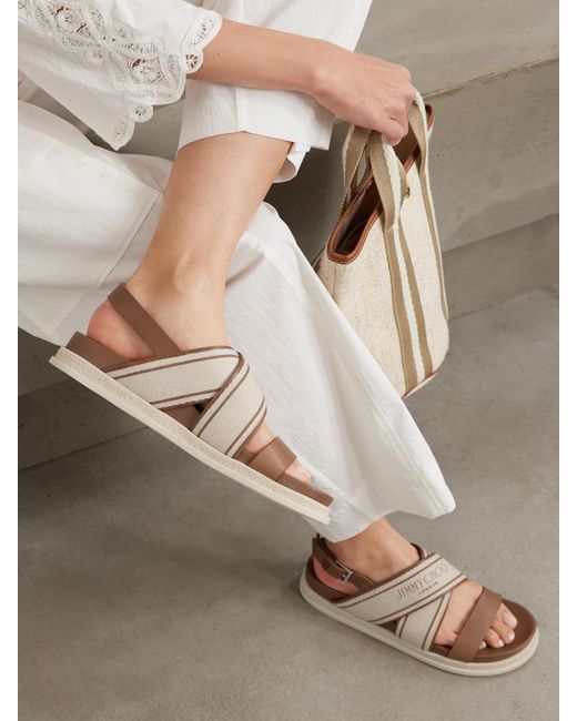 Jimmy Choo Natural Joa Slingback-Sandalen Aus Leder Und Canvas Mit Logoprint