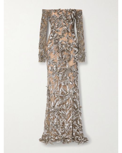 Oscar de la Renta Natural Off-the-shoulder Appliquéd Sequined Tulle Gown
