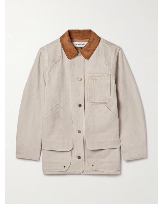 Veronica Beard Natural Abbas Suede-Trimmed Herringbone Cotton Jacket