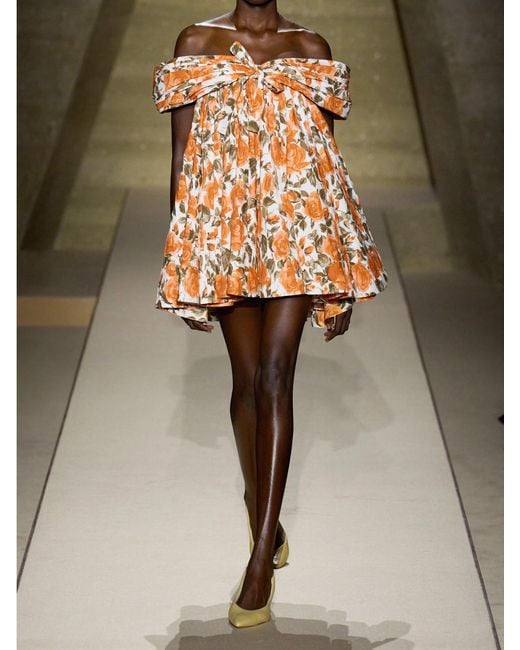 Chloé Orange Off-The-Shoulder Gathered Floral-Print Cotton-Poplin Mini Dress