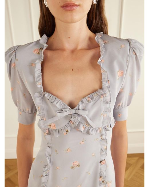 Alessandra Rich White Floral-Print Ruffle-Trim Silk-Crepe Mini Dress